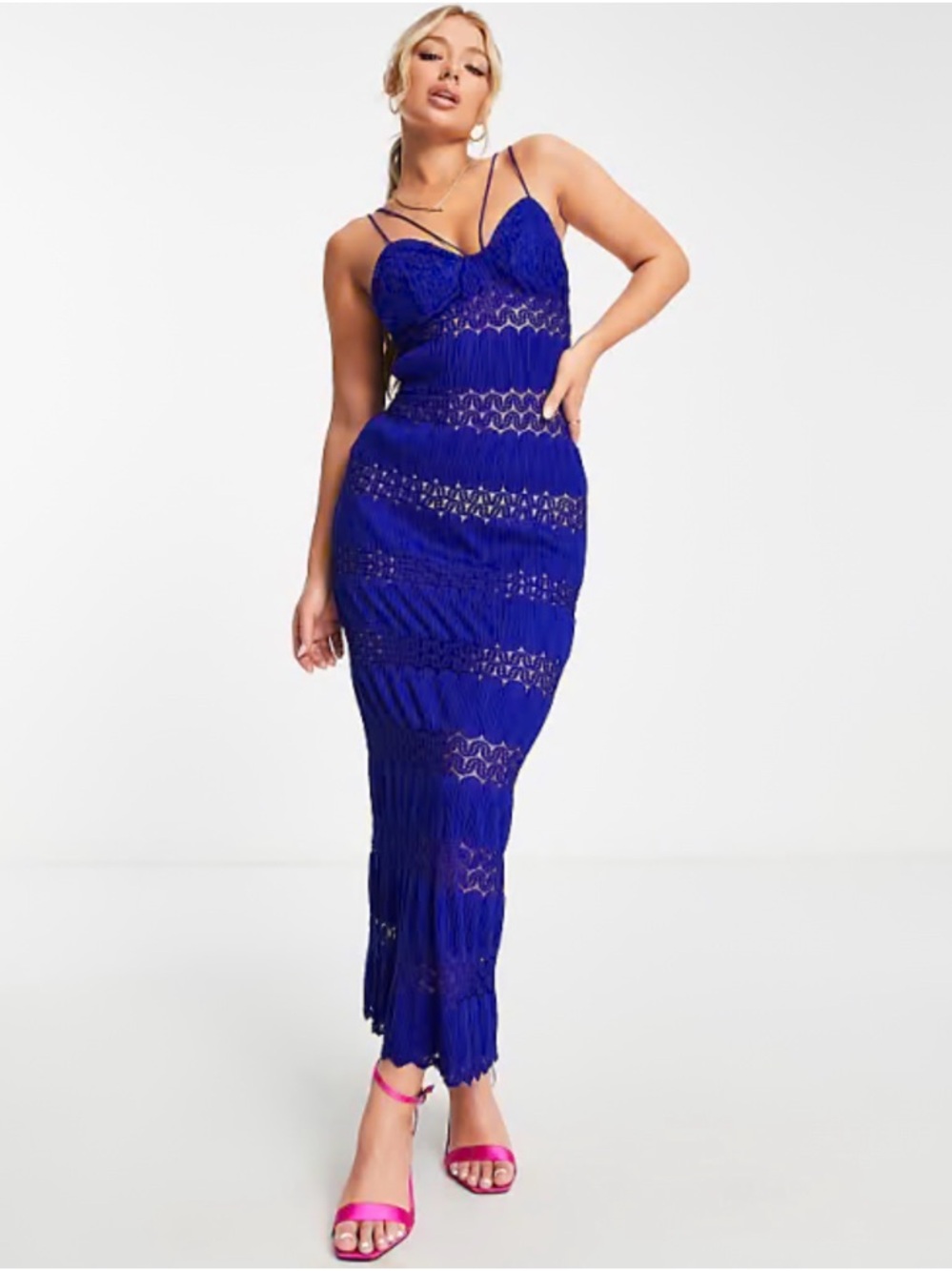 ASOS DESIGN strappy lace panelled maxi dress in rich blue size US 4
